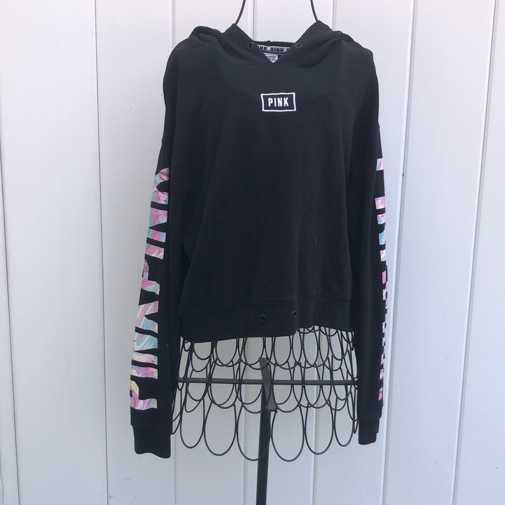 Pink Victoria’s Secret hoodie tie dye y2k black size medium sweatshirt cinch​​